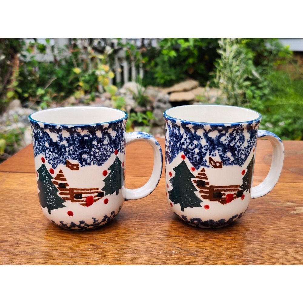 Set of 2 Vintage Tienshan Folkcraft Cabin in the Snow Stoneware Mugs Coffee Cups